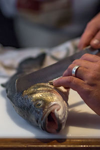 Close-up of hands cutting fish on table