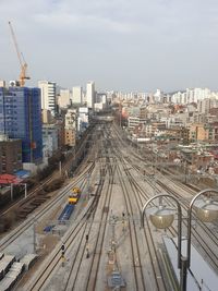 High angle view of cityscape against sky