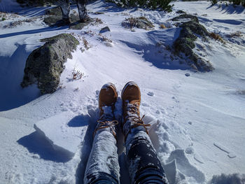 Low section of person on snowcapped mountain