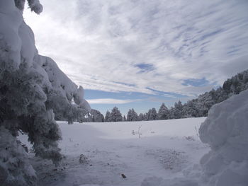 Scenic view of snow covered land against sky