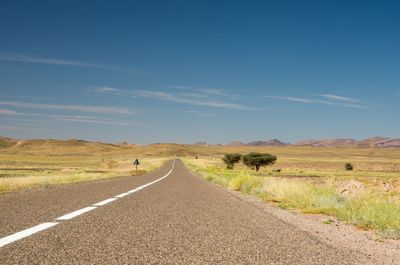 Empty road amidst grassy field against sky