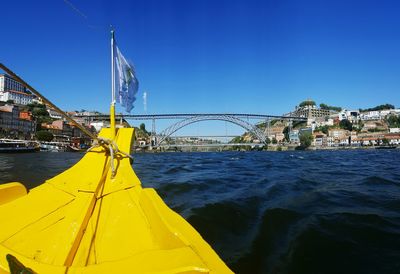 Close-up of yellow water against blue sky