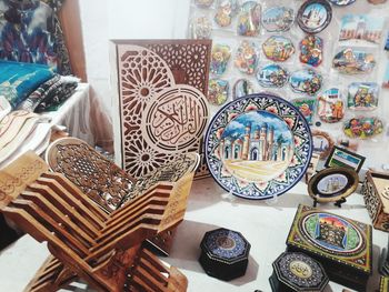 High angle view of various displayed for sale on table