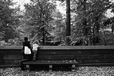 Rear view of woman sitting on bench in park