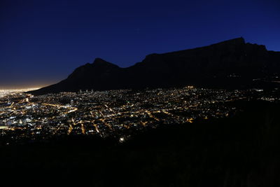 Illuminated cityscape against clear blue sky at night