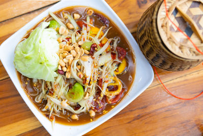 High angle view of food in bowl on table