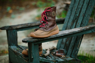 Close-up of shoes on wooden post