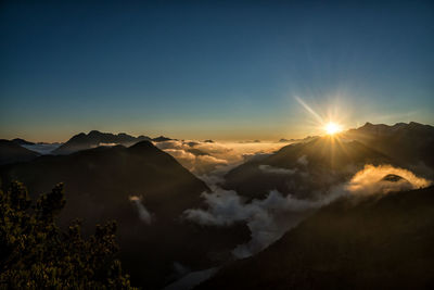 Scenic view of mountains against sky during sunset