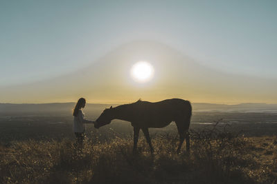 Side view of woman pampering horse on field at sunset