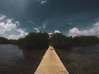 Rear view of people walking on bridge over river against sky