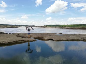 Rear view of man standing at beach against sky