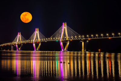 Illuminated suspension bridge over river at night