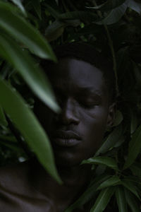 Close-up of young man with eyes closed amidst plants in forest