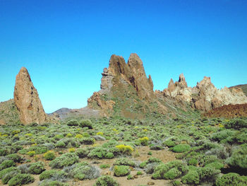 Rock formations on landscape against clear blue sky