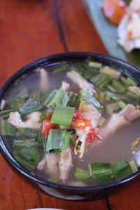 High angle view of soup in bowl on table