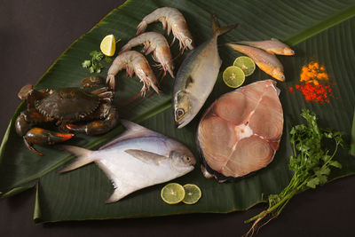 High angle view of seafood on cutting board