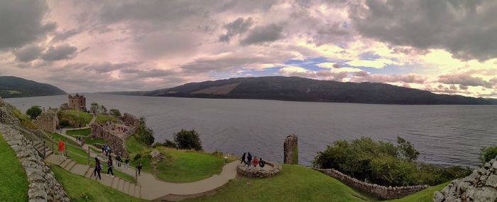 Panoramic view of lake against sky during sunset