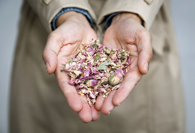 Midsection of woman holding dried flower petals