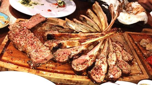 High angle view of meal served on table