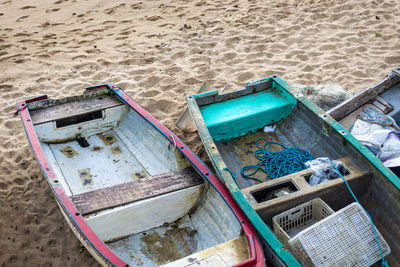 Fishing boats docked in the sand of the rio vermelho beach in salvador. 