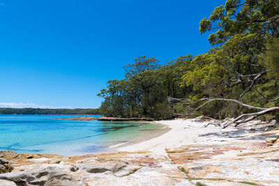 Scenic view of sea against clear blue sky