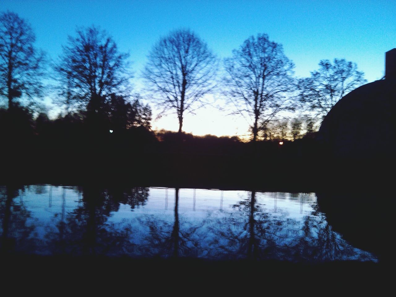 silhouette, tree, bare tree, water, reflection, lake, tranquility, tranquil scene, sky, scenics, beauty in nature, nature, clear sky, branch, dusk, sunset, standing water, river, blue, outdoors