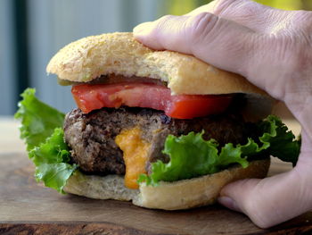 Close-up of hand holding burger