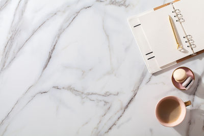 High angle view of coffee cup on table