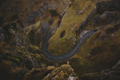 Aerial view of winding road on mountain