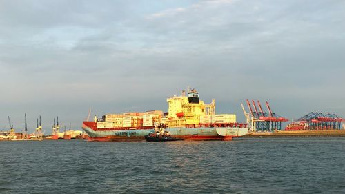 Nautical vessel on sea against sky