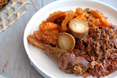 High angle view of food in plate on table