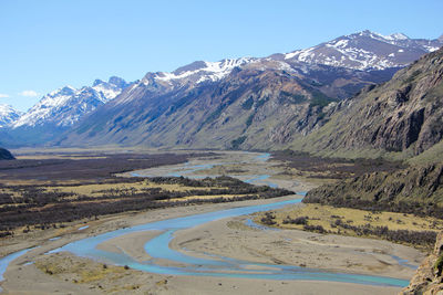 Scenic view of snowcapped mountains against clear sky