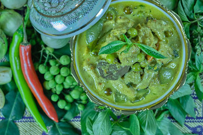 High angle view of green chili peppers in bowl