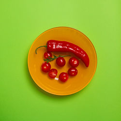 High angle view of strawberries in plate