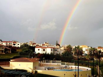 Rainbow over buildings in city against sky
