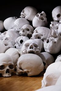 Close-up of human skull on table