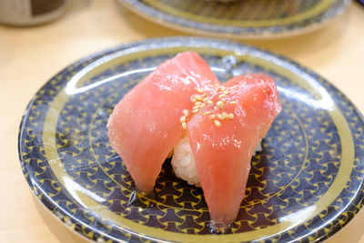 High angle view of sushi served on table