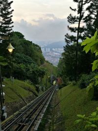 High angle view of railroad tracks by trees against sky