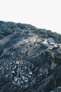 High angle view of city buildings against clear sky