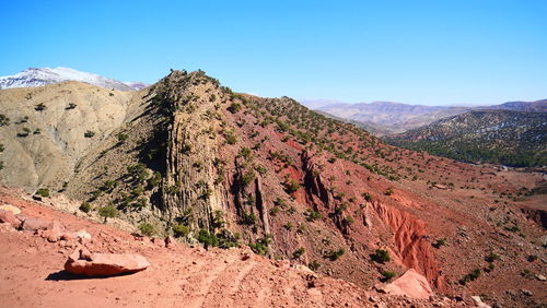 Panoramic view of mountains against clear sky