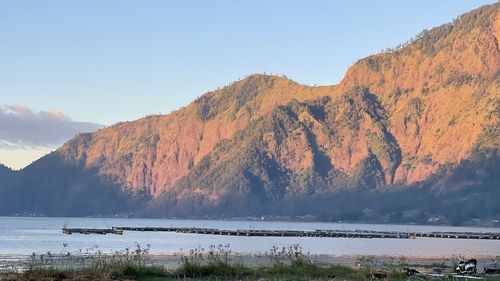 Scenic view of lake and mountains against sky