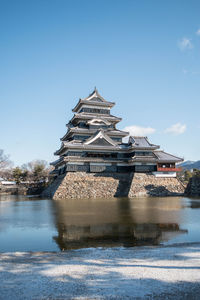 Traditional building by lake against sky