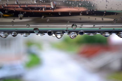 Low angle view of water drops on metallic structure