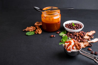 Close-up of food served on table