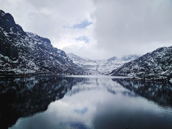 Scenic view of lake and mountains against sky