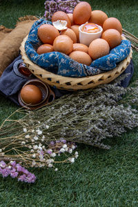 High angle view of eggs in basket