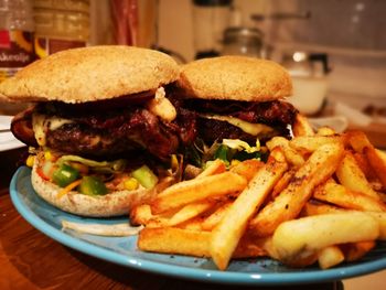 Close-up of burger on plate