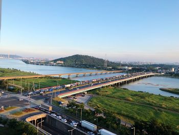 High angle view of bridge over river against sky