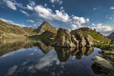 Scenic view of lake by mountains against sky