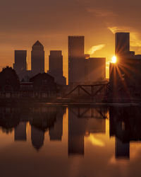 Reflection of buildings in lake during sunset